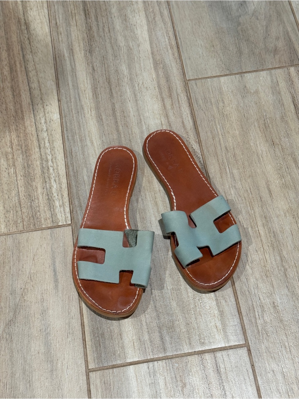 Handmade Greek Leather Slide Sandals in Sage Green